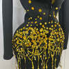 Sparkly Crystal Chains Pearls Long Sleeve Mini Dress 2025 Women Birthday Evening Party Nightclub Outfit Singer Wedding Costume