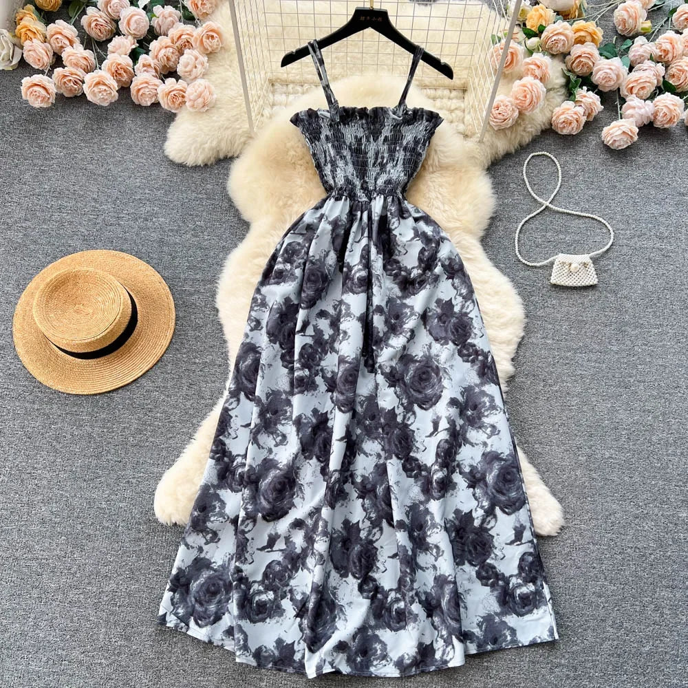 2024 New Summer Korean Fashion Rose Flower Print Romantic Retro Party Dress Elastic High Waist Vacation Long Dress Beach Vestido