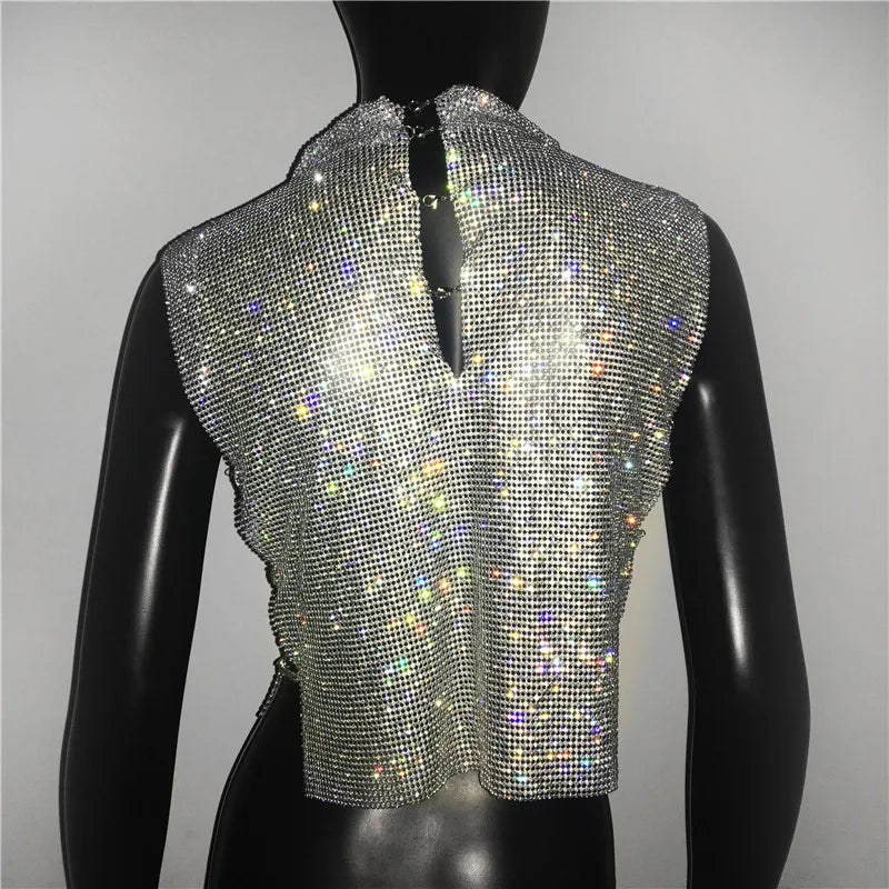 Sexy Rhinestone Backless Party Crop Top Women Glitter Turtleneck TShirt Adjustable Metal Chain Summer Nightculb Diamond Tank Top