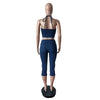 HLJ&GG Blue Fashion Denim Halter Two Piece Sets Women Sleeveless Backless Slim Crop Top And Skinny Jean Pants Outfits Streetwear
