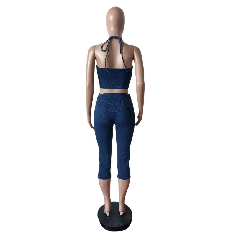 HLJ&GG Blue Fashion Denim Halter Two Piece Sets Women Sleeveless Backless Slim Crop Top And Skinny Jean Pants Outfits Streetwear