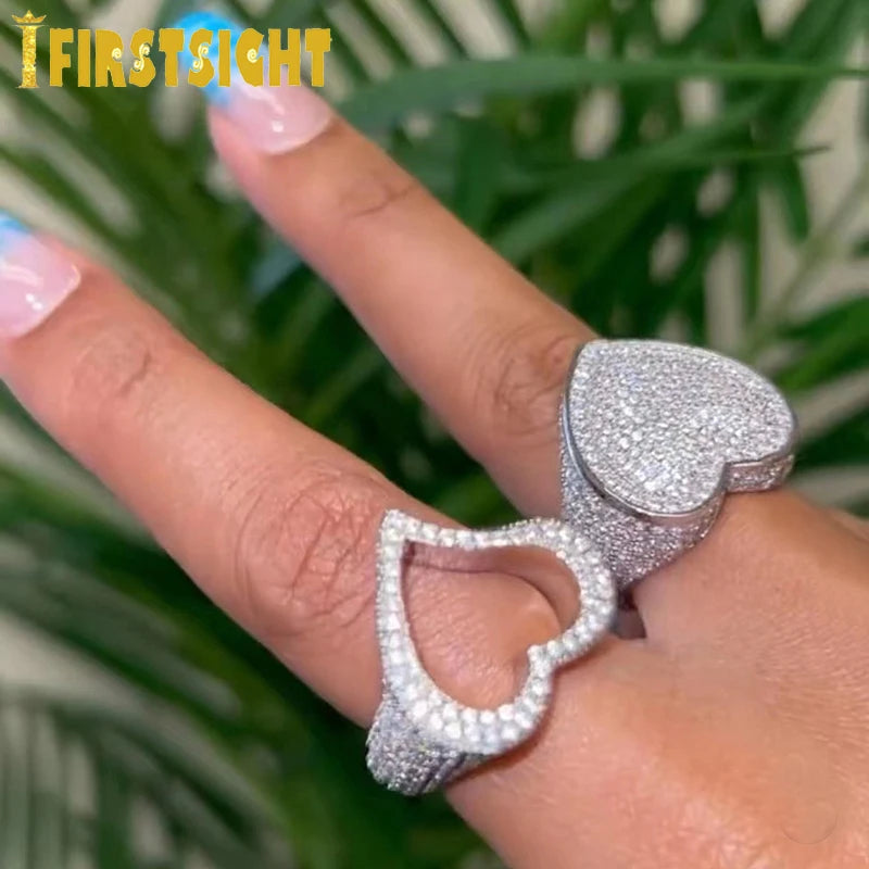 New Full Iced Out Bling Hollow Heart Ring Gold Silver Color 5A CZ Micro Pave Cubic Zircon Rings Hip Hop Punk Men Women Jewelry