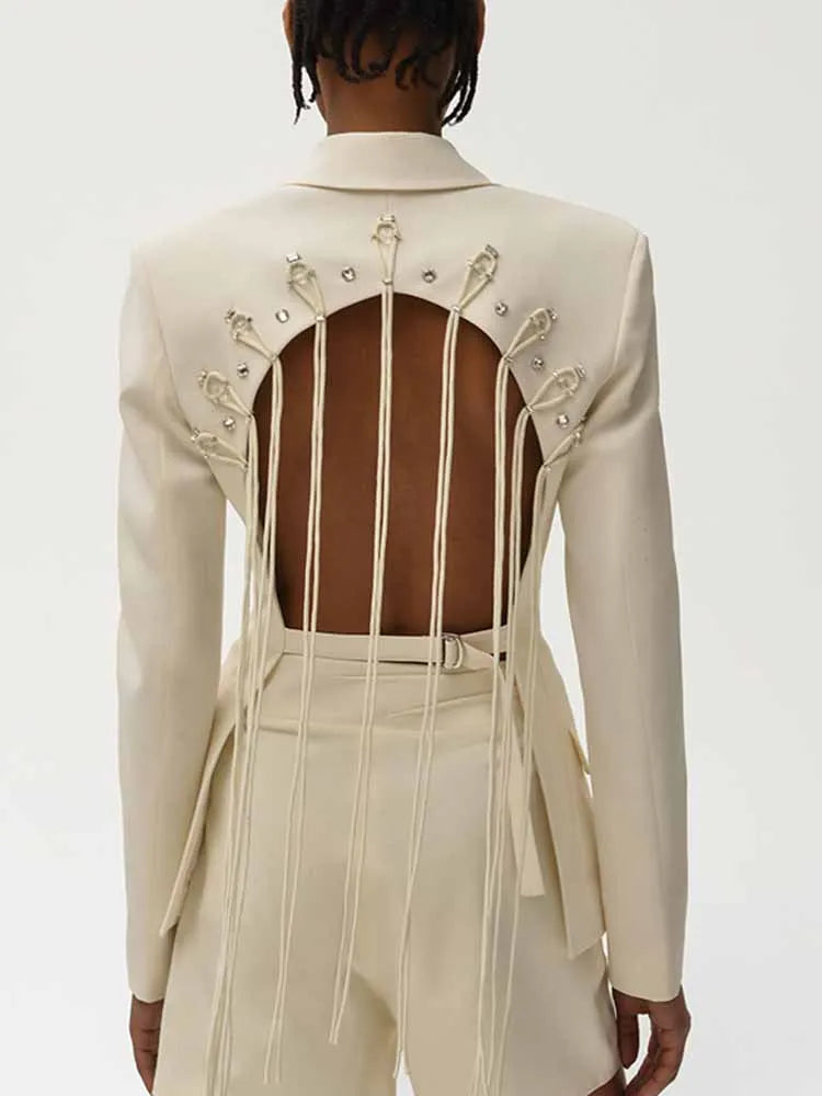 TWOTWINSTYLE Patchwork Diamonds Backless Blazer For Women Notched Collar Long Sleeve Spliced Button Chic Blazers Female Style