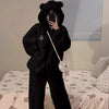 Brown Furry Pajama Sets Fluffy Teddy Bear Hooded Zipper Sleepwear Women Plush Warm Thick Christmas Homewear Y2K Kawaii Nightwear