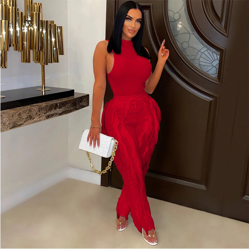 Solid Tank Pants Tassel Two Piece Sets Women Fashion Sleeveless Bodysuits Top Drawstring High Waist Fringed Wide Leg Trousers
