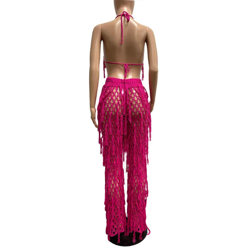 FAGADOER Sexy Hollow Out Tassels Pants Two Piece Sets Women Halter Sleeveless Backless Crop Top + Pants Outfit Female Streetwear