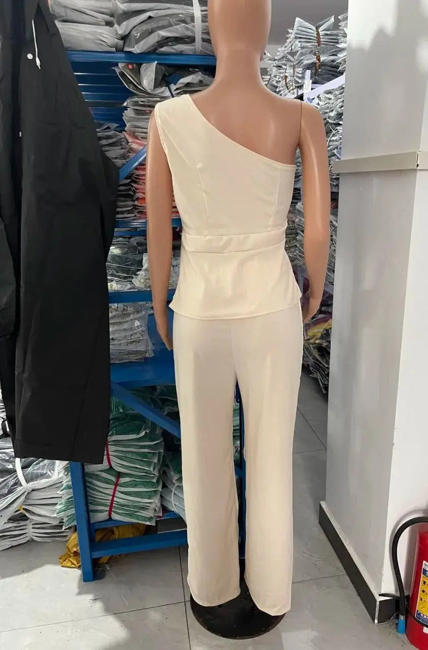 2 Piece Sets Women Outfit Sexy One Shoulder Ruched Top & Casual Straight Leg Pants Suits for Female Spring 2024 Fashion New