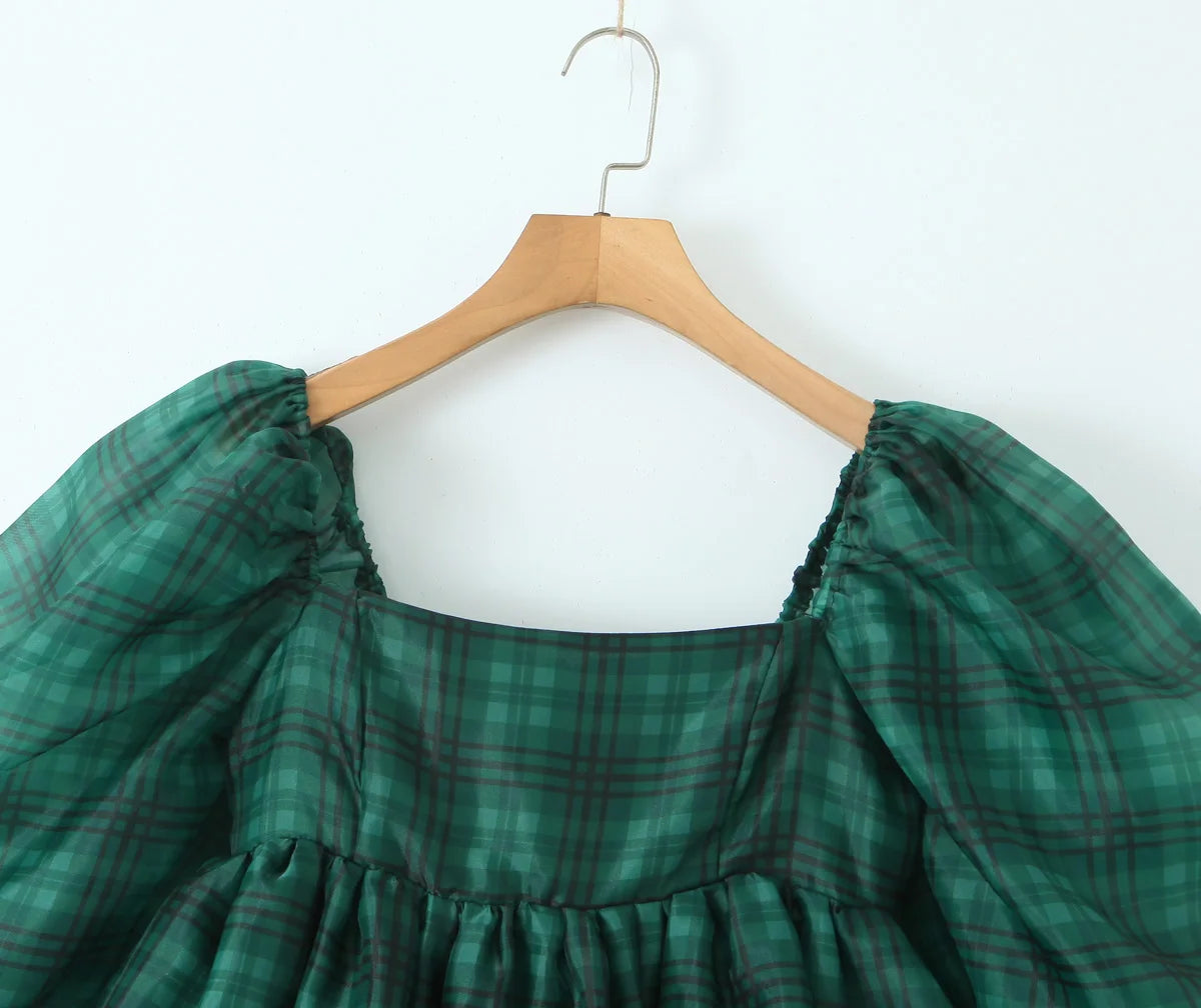 2024 Sweet Green Gingham Plaid Organza Ball Gown Dress Puff Sleeve Retro Women Swing Short Princess Robe Fairy Cake Vestidos