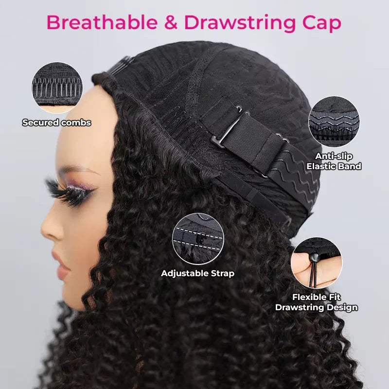 Half Wig Human Hair Wigs 200% Half Wig Kinky Curly Human Hair Wigs 3 In 1 Invisible Hairline Wear Go With Drawstring Seamless
