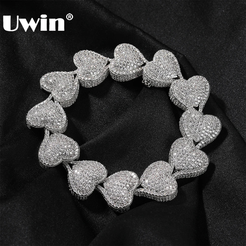 UWIN Jumbo Iced Out Heart Bracelet for Women Paved Setting Cubic Zirconia Bangle for Men Hip Hop Jewelry for Gift