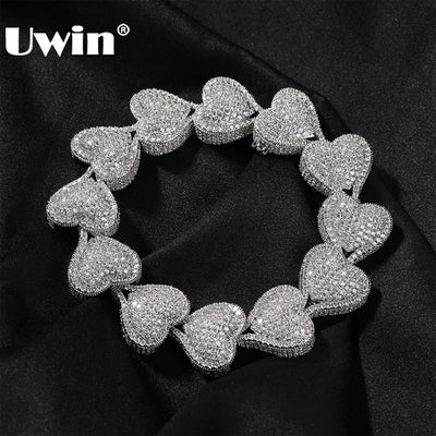 UWIN Jumbo Iced Out Heart Bracelet for Women Paved Setting Cubic Zirconia Bangle for Men Hip Hop Jewelry for Gift