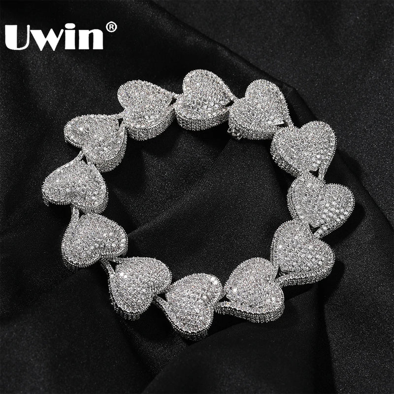 UWIN Jumbo Iced Out Heart Bracelet for Women Paved Setting Cubic Zirconia Bangle for Men Hip Hop Jewelry for Gift