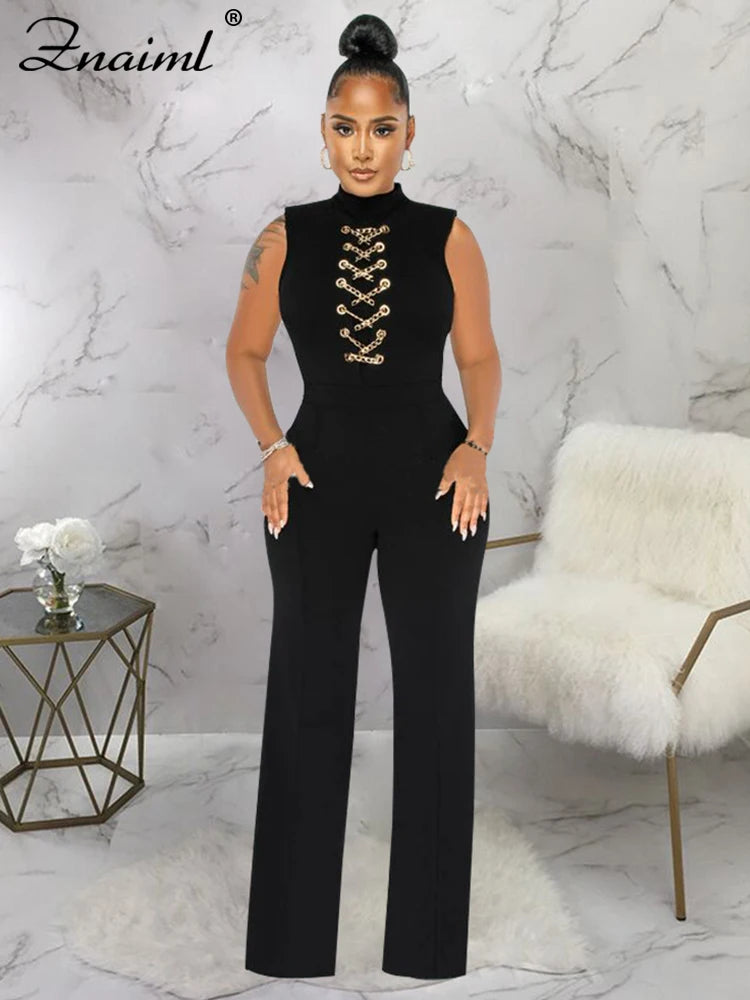 Znaiml Office Lady Jumpsuit High Waist Elegant Black One Pieces Chain Short Sleeve Straight Wide Leg Romper Birthday Overalls