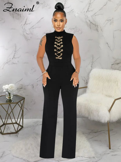 Znaiml Office Lady Jumpsuit High Waist Elegant Black One Pieces Chain Short Sleeve Straight Wide Leg Romper Birthday Overalls