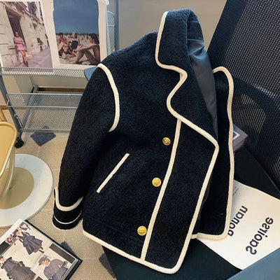 Autumn Winter Turn Down Collar Lambwool Coat Women Vintage Splices Loose Jackets Female Coat Thicken Outwears Women Jacket