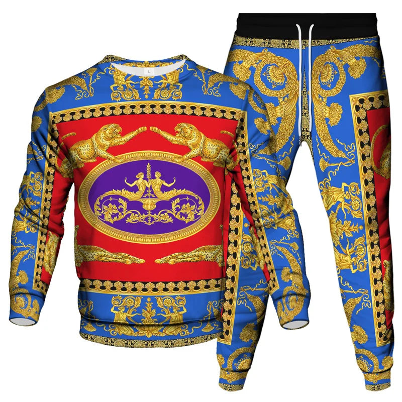 Vinatge Luxury Baroque Style Clothing Suit Men Jogging Pant Sweatshirt 2 Piece Set New Women Fashion Streetwear Tracksuit Set
