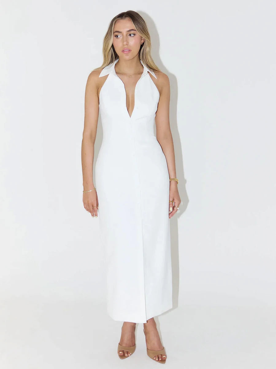 Bornladies Summer Sleeveless Single Breasted Dress Fashionable Ladies Slim Fit Collar Solid Color Long Dresses Women's Clothing