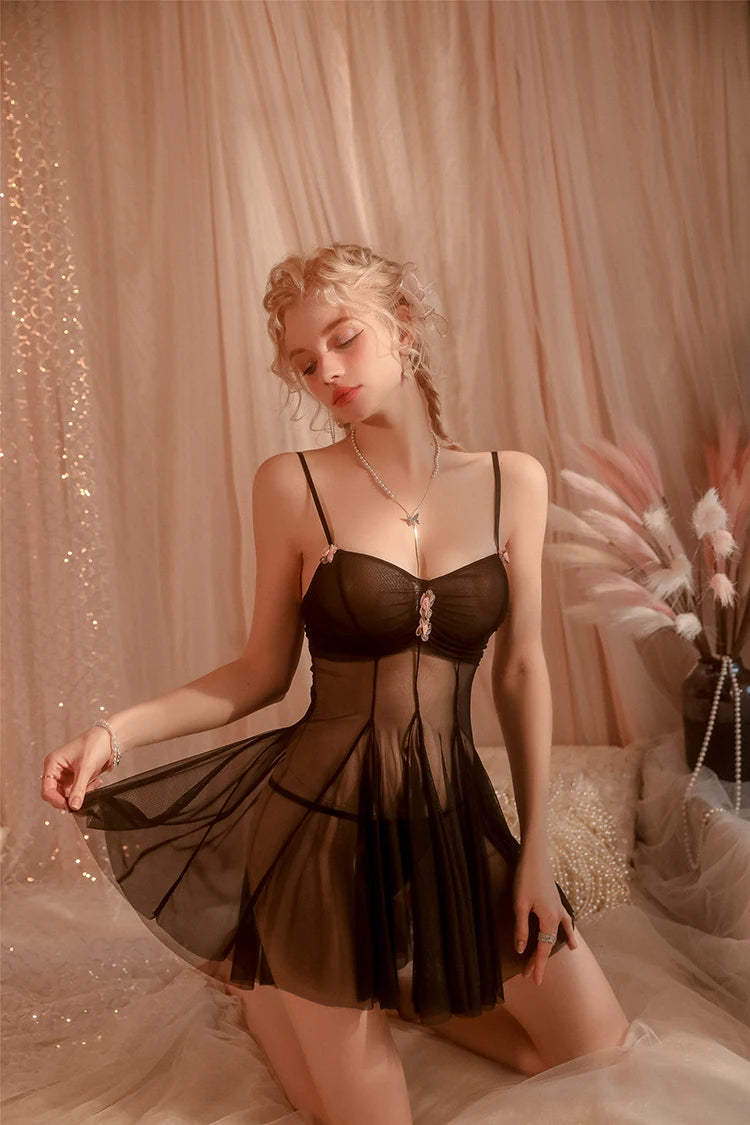 Sexy Elegant Lingerie Nightgowns Perspective Women Elegant Nightwear Lace Trim Sleepwear Woman Sleeveless Suspender Nightdress
