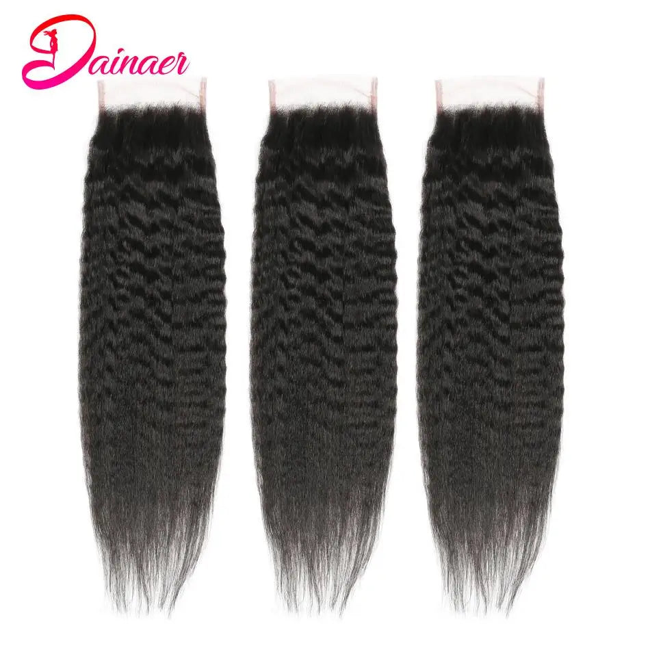 Kinky Straight Human Hair 3 Bundles With Closure Yaki Straight Hair Bundles With 4x4 Closure Human Hair Bundles With Closure
