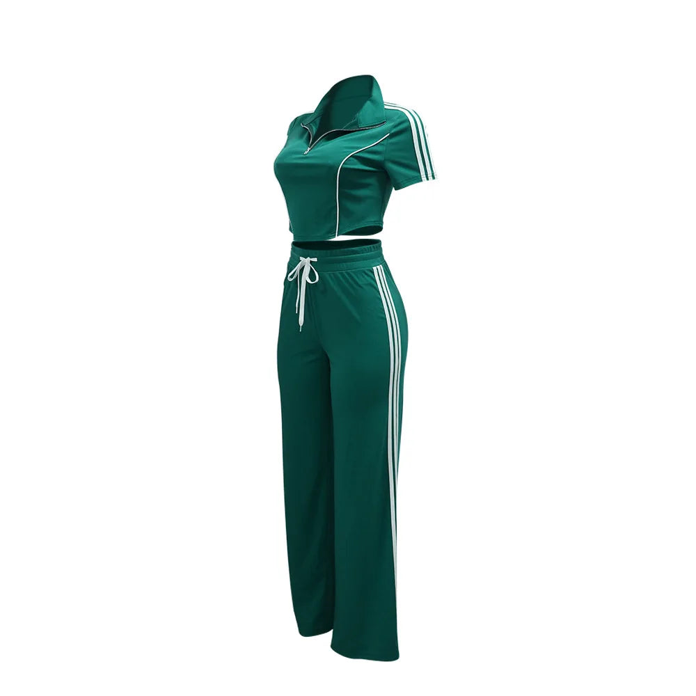 Fashion Casual Short Hoodie 2 Piece Women Summer Zipper Top Short Sleeved Sports T Shirt Stripe Splicing Long Pants Female Suit