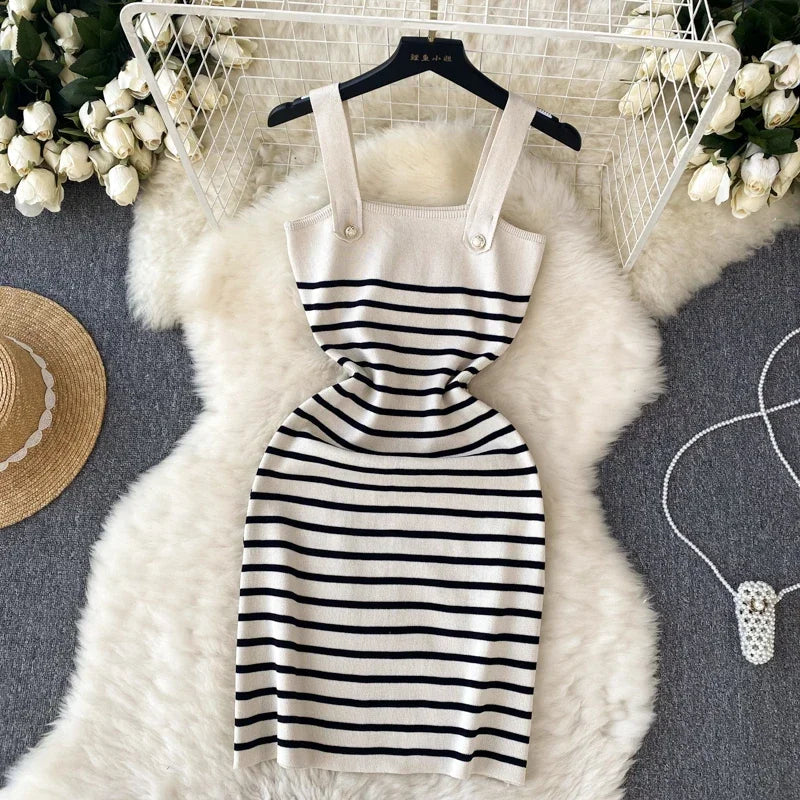 Striple 2024 Sexy Summer Knit Strap Dress Women Tank Elatic Waist Bodycon Sundress Female Beach  Backless Midi Dress