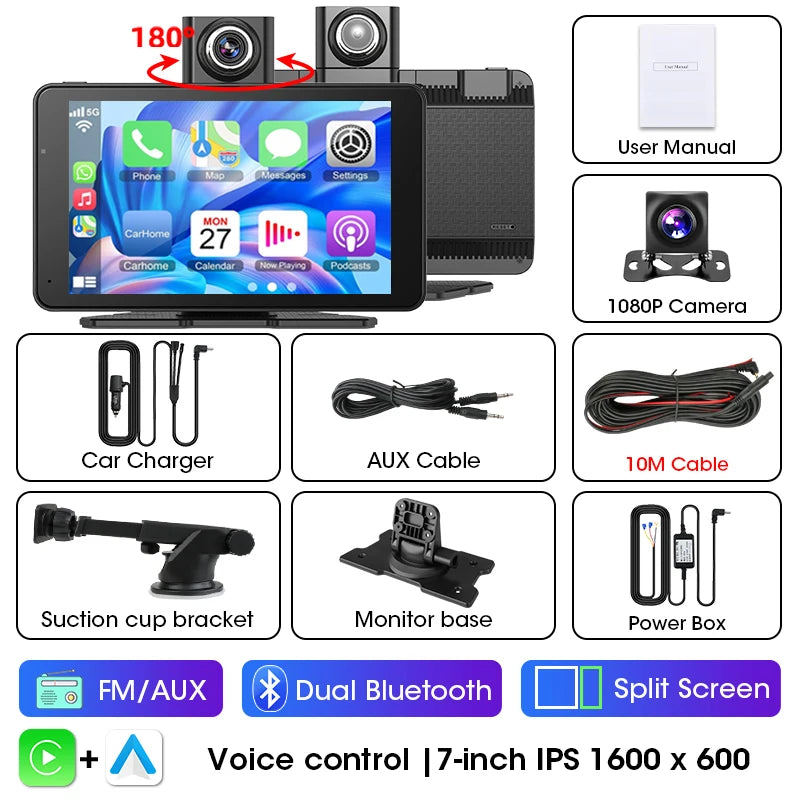 Jansite 7" Car DVR 2.5K Dash cam Wireless Carplay Android Auto Front and Rear Camera Dashboard Driving Recorder Dual Lens Wifi