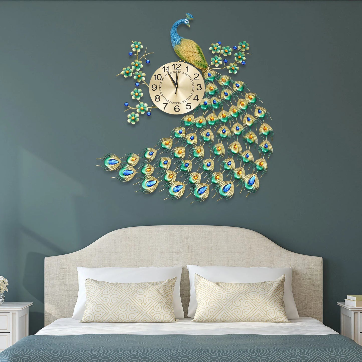 Luxury Peacock Wall Clock Metal 3D Art Decoration Wall Clock 8.26Inch Silent Quartz Scanning Movement Dining Room Decor