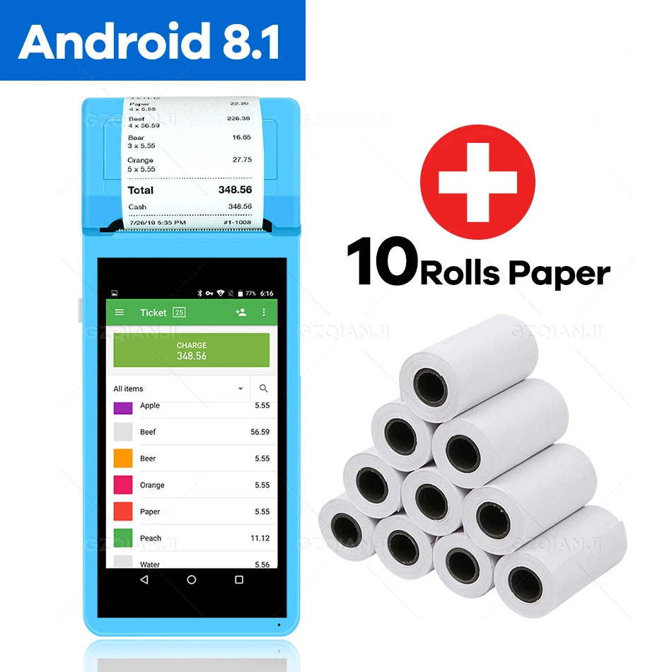 Handheld Commercial PDA Android 8.1/13 Bulit-in 58mm Thermal Receipt Printer NFC Optional for Cafeteria WIFI Bluetooth Connect