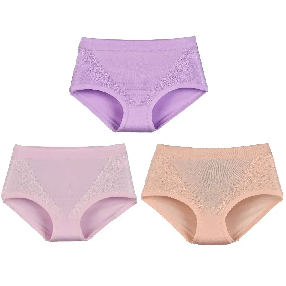 3pcs/pack 2024 Women High Waist Panties Female Briefs Modal Lace Plus Size Underpants Mother Middle Aged Oversize Underwear