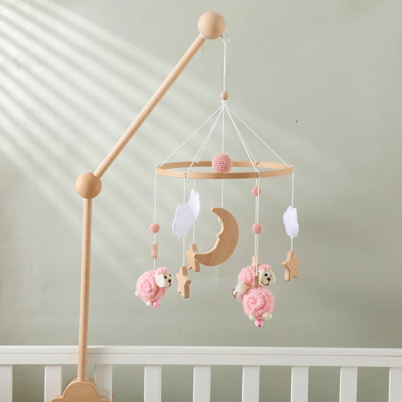 Baby Crib Mobile Bed Bell Rattle Toys Wooden Crochet Stars Pendant Bed Bell Toys Newborn Comfort Crib Bracket Hanging Toys Gifts