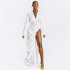 CM.YAYA Vintage Women Long Sleeve High Side Split Ruched Up Wrap Lapel Collar White Maxi Long Dress Fashion Street Dresses