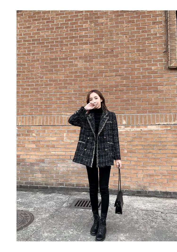 Tweed Plaid Suit Jacket Women Outwear Loose Mid-Length Double-Breasted Casual Woolen Blazer Top 2024 Spring Autumn New Chic Suit