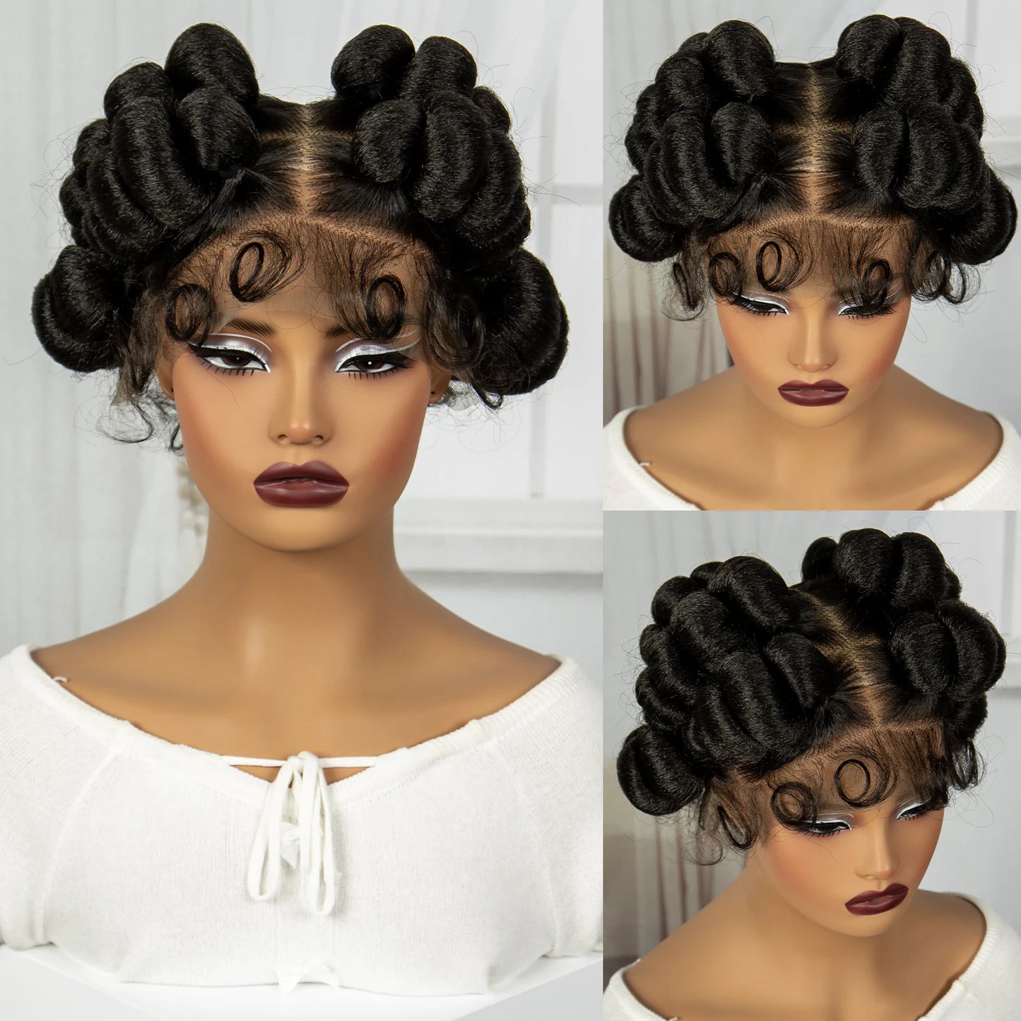 Natural Color 6Inch Transparent Full Lace Braided Wigs Short Cute Handmade Bantu Synthetic Braided Lace Wigs Knotless Braids Wig