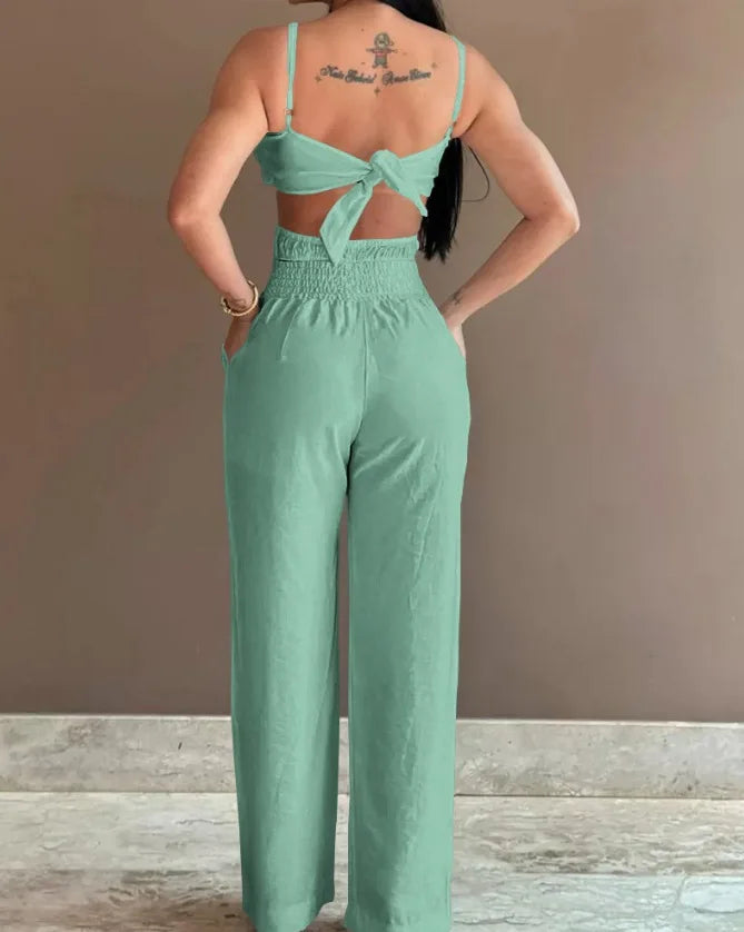 2024 Summer Fashion White Jumpsuit Women Floral Pattern Shirred Hollow Out Casual Asymmetrical Neck Pocket Backless Jumpsuits