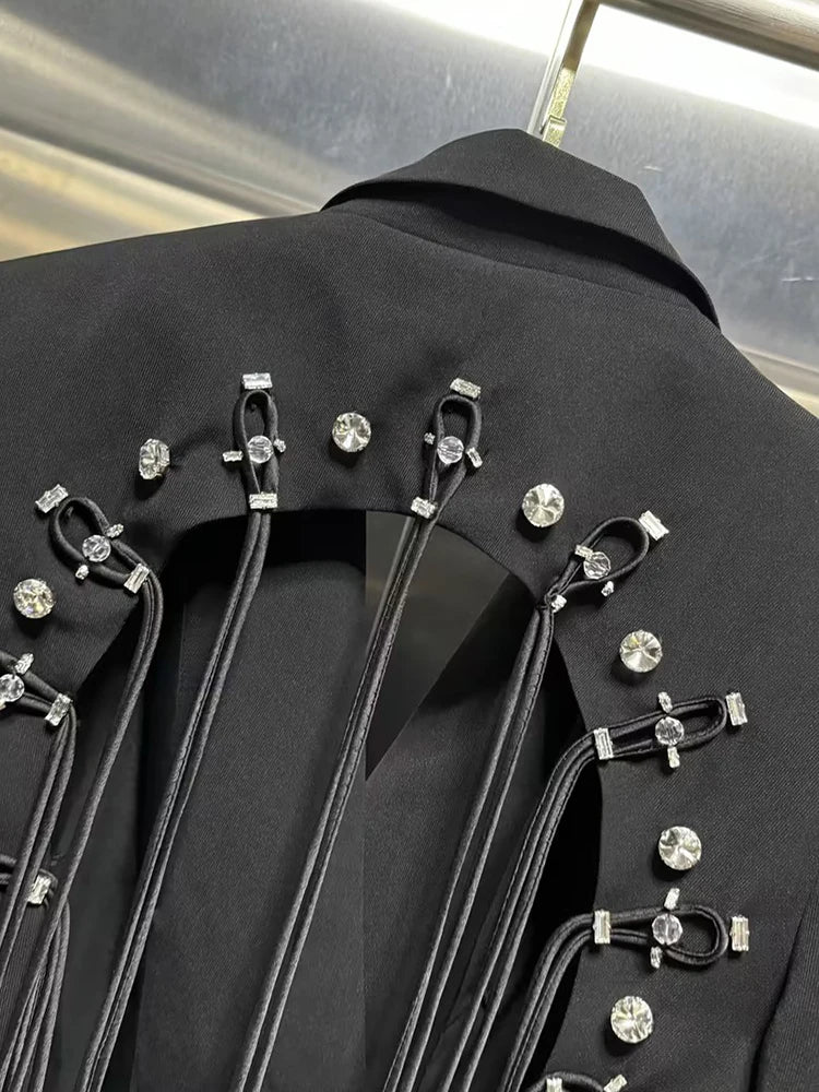 VGH Minimalist Patchwork Drawstring Solid Blazers For Women Notched Collar Long Sleeve Backless Hollow Out Blazer Female Style