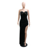 Sleeveless Strapless Bodycon Sexy Irregular Velvet Dress Women High Slit Slim Glam Crystal Rhinestone Long Party Nightclub Dress