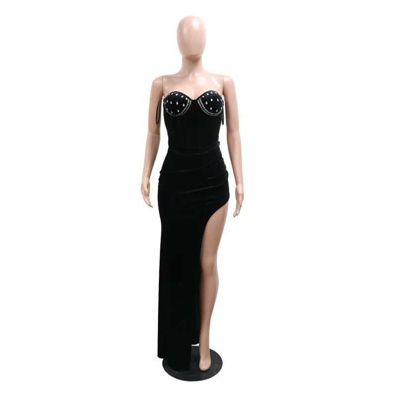 Sleeveless Strapless Bodycon Sexy Irregular Velvet Dress Women High Slit Slim Glam Crystal Rhinestone Long Party Nightclub Dress