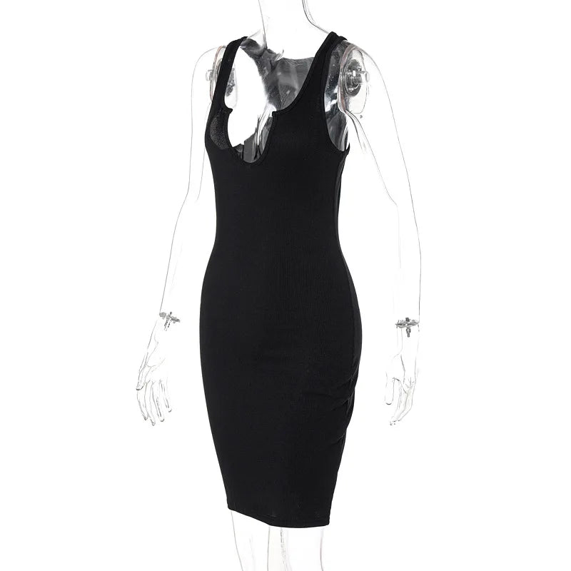 Sexy Deep U Neck Wrap Chest Slim Bodycon Dress Women Sleeveless Solid Color Skinny Dress Elegant Club Party Vestidos