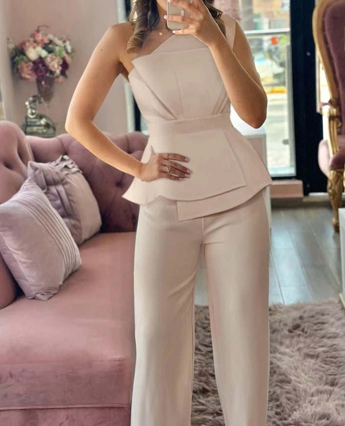 2 Piece Sets Women Outfit Sexy One Shoulder Ruched Top & Casual Straight Leg Pants Suits for Female Spring 2024 Fashion New