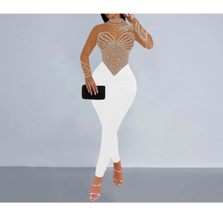 Elegant Women Jumpsuit Streetwear 2024 Spring Fashion Versatile Casual Solid Color Hot Diamond Long Sleeve Jump Suits for Female