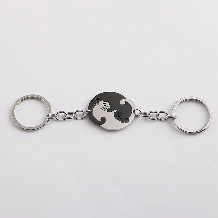 Cute Cat Keychain Stainless Steel Key ring Couple Lover Animal Matching Keyring Pendants Valentine's Day Gift