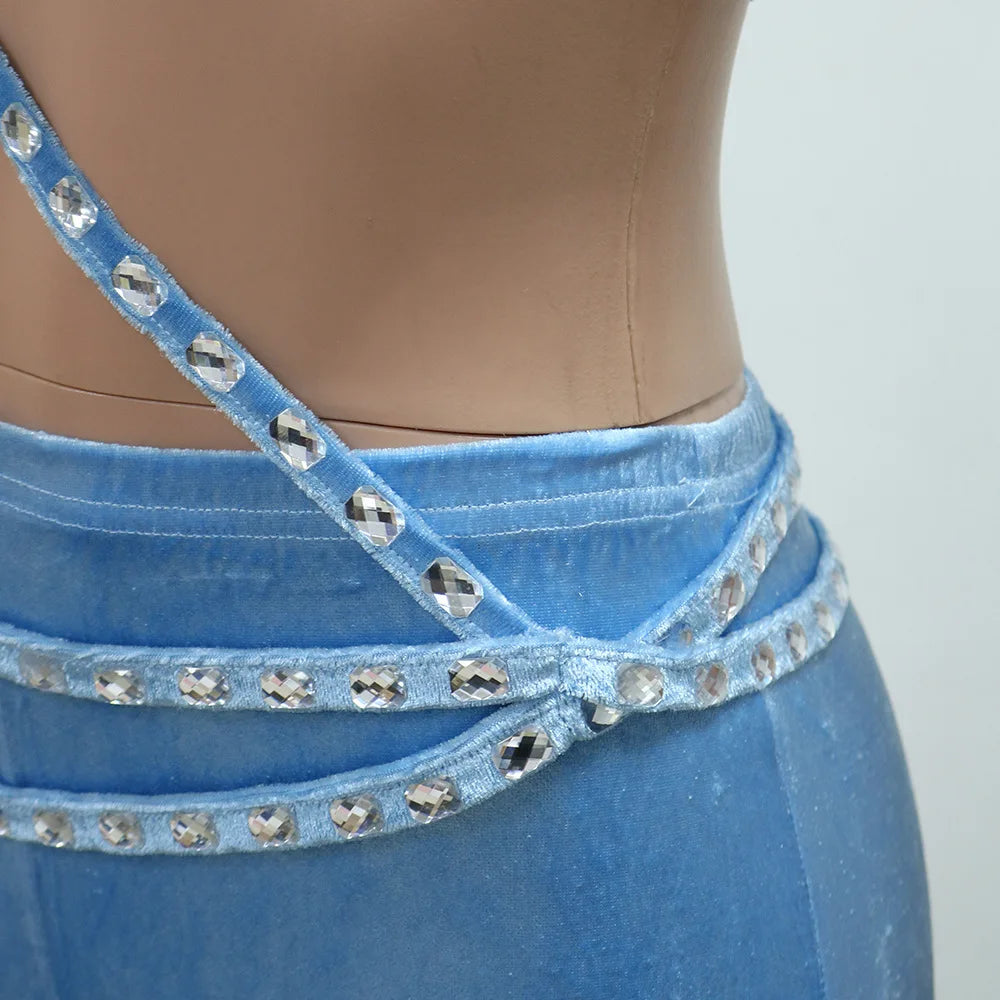 Rhinestone Velvet 2 Piece Pant Set Outfits 2024 Women Fall Luxury Clothing Bodycon Elegant Sexy Crop Tops Two Piece Pant Sets