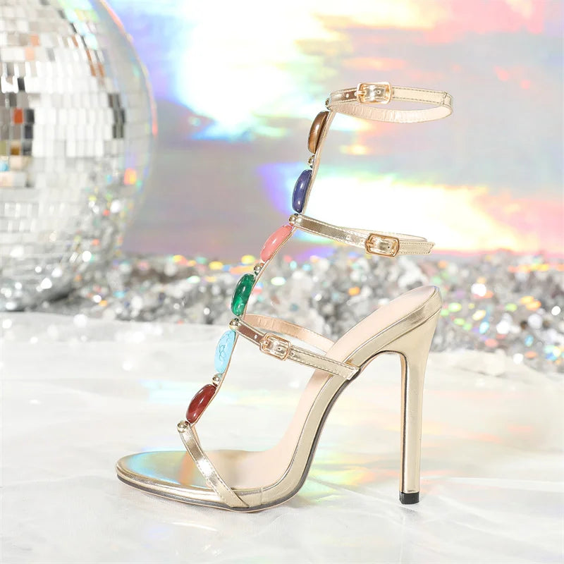 Liyke  Bohemian Style Fashion Colour Gem Strap Designer High Heels Gladiator Sandals Women Summer Open Toe Wedding Banquet Shoes