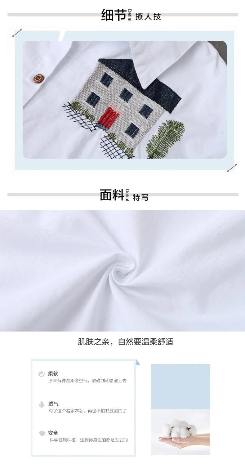 Women Cotton Embroidery Loose Long White Shirts 2025 Spring Autumn New Casual Office Lady Blouse Female Top Loose shirt
