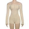 2025 Spring Women's Clothes Above Knee Sexy Knit Rib Romper One Piece Off Shoulder Long Sleeve Skinny Short Jumpsuits Playsuits