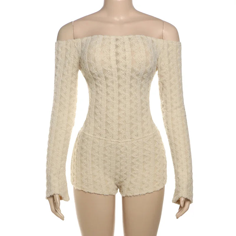 2025 Spring Women's Clothes Above Knee Sexy Knit Rib Romper One Piece Off Shoulder Long Sleeve Skinny Short Jumpsuits Playsuits