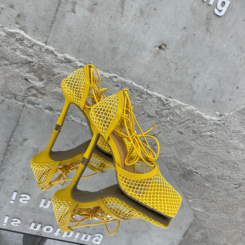 Aneikeh 2024 Summer Sexy Mesh Pumps Sandals Female Square Toe High Heel Lace Up Cross-Tied Stiletto Hollow Dress Party Shoes