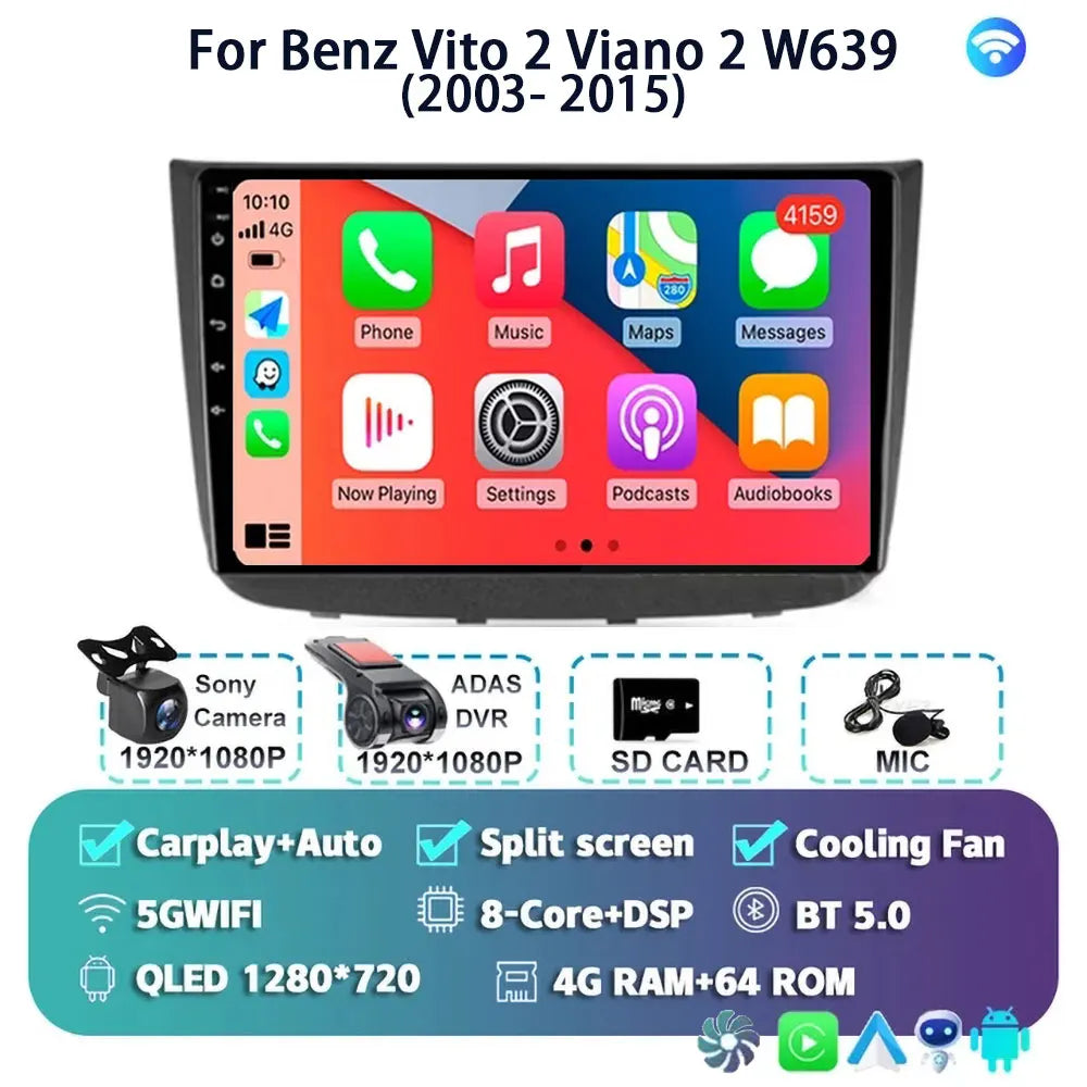 Android 14 For Benz Vito 2 Viano 2 W639 2003- 2015 2K QLED Android Car Radio Multimedia Video Player BT Stereo CarPlay Head Unit