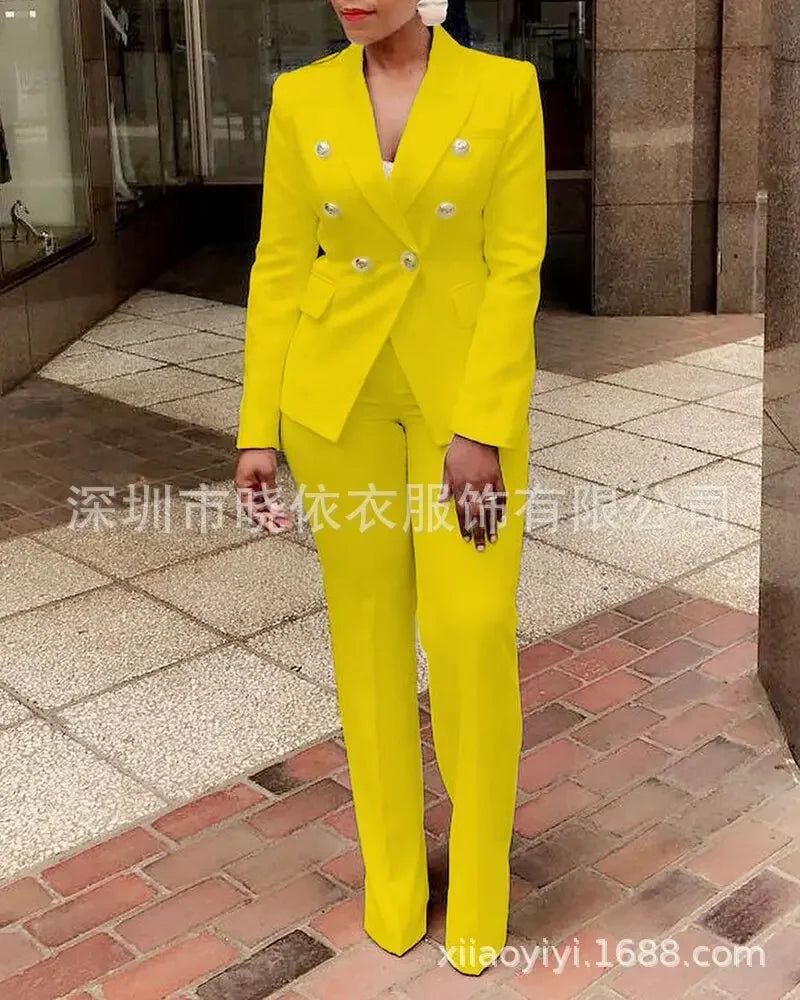 Women Pants Set Two Piece Sets Turn Down Collar White Blazer Elegant Coats Matching Sets Work High Waist Long Pants Suits