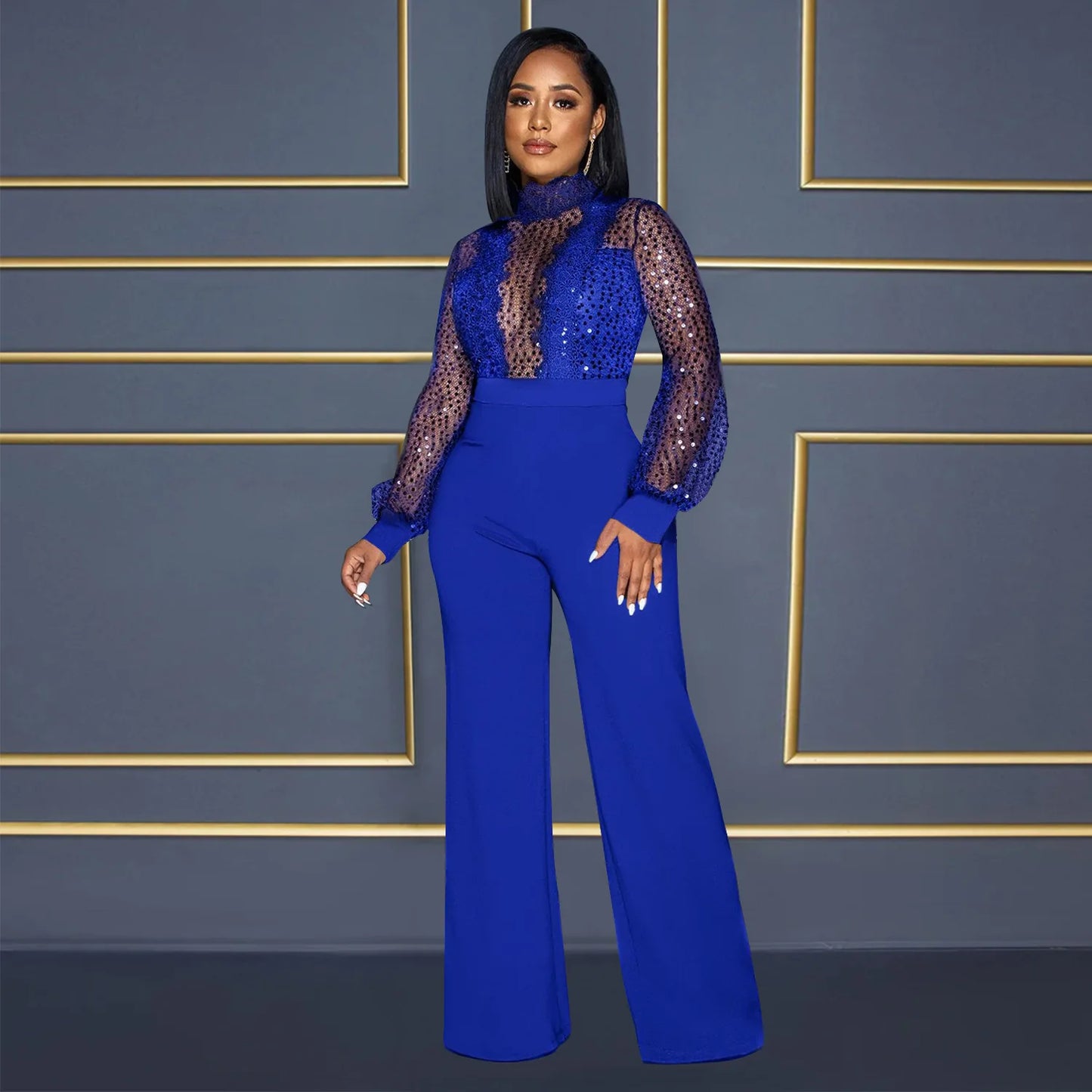 Fashion Women's Clothing Hollow Long-sleeved Loose Wide Leg Jumpsuits Overall Pants Solid Color Sexy Lace
